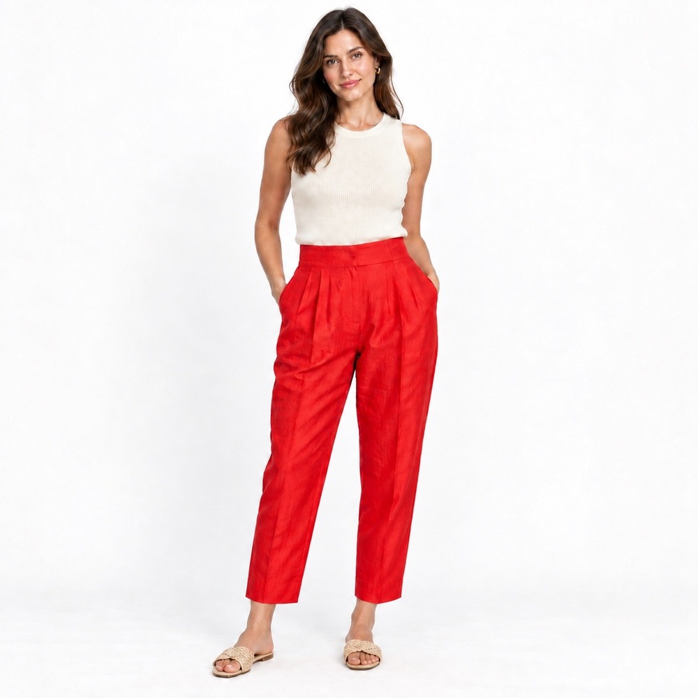 Julia Amory Red Silk Pleated High Waisted Trousers Womens Size S Quiet Luxury